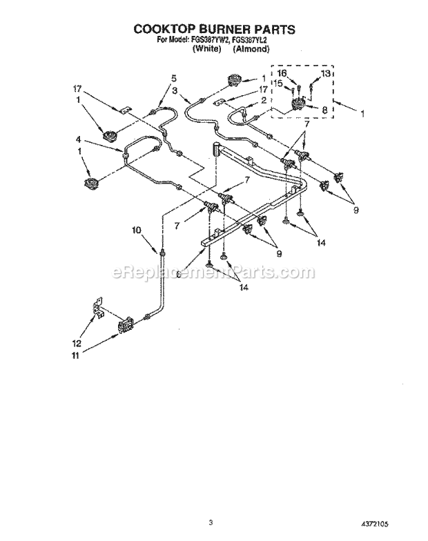 Whirlpool FGS387YL2 Range Cooktop Burner Diagram