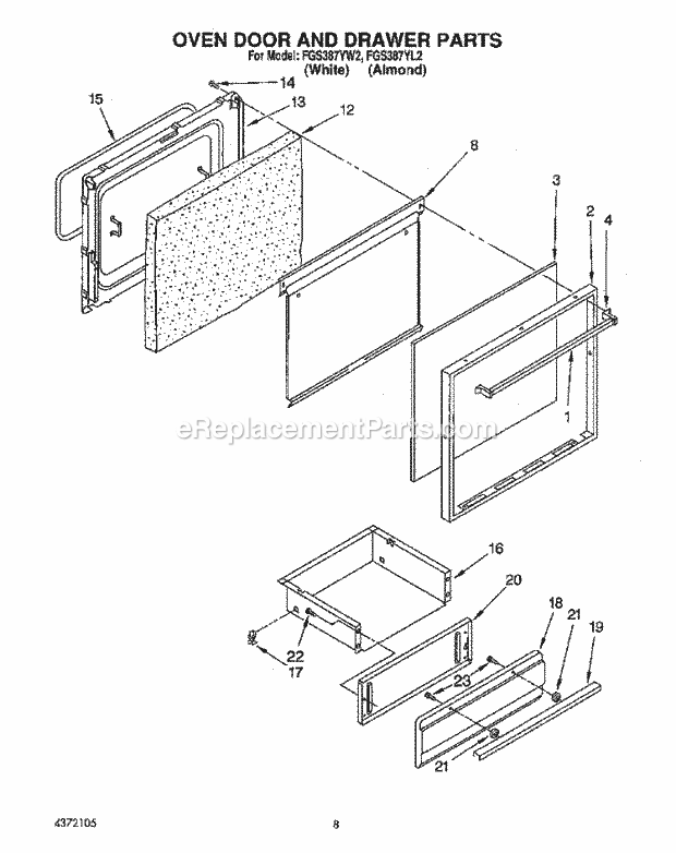 Whirlpool FGS387YL2 Range Oven Door and Drawer Diagram