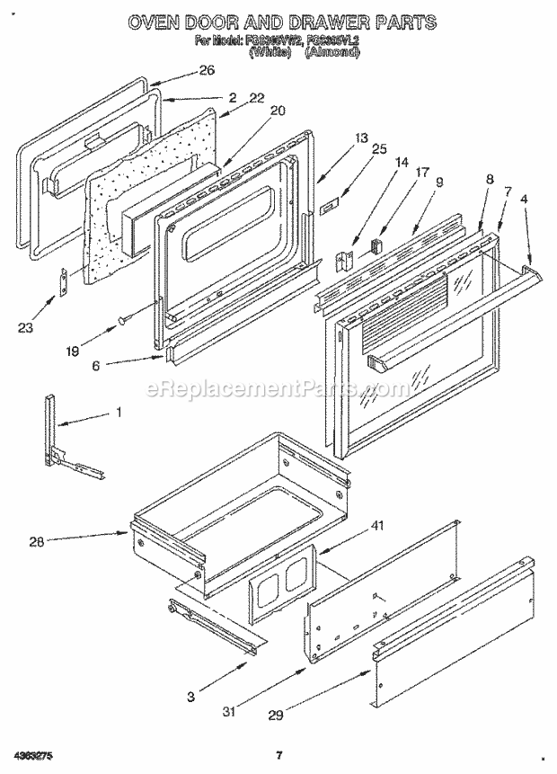 Whirlpool FGS395VL2 Range Oven Door and Drawer Diagram