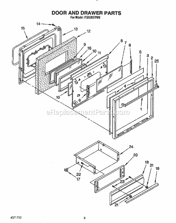 Whirlpool FGS395YL0 Range Door and Drawer Diagram