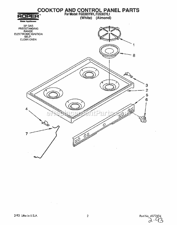 Whirlpool FGS395YL1 Range Cooktop and Control Panel Diagram