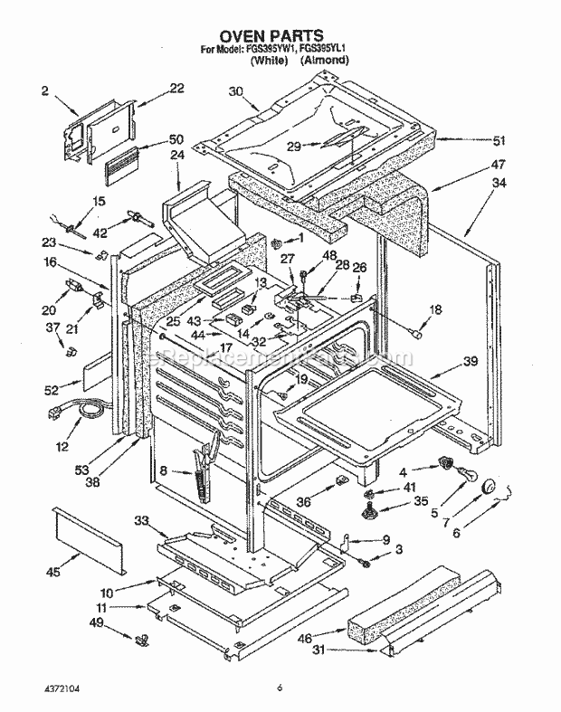 Whirlpool FGS395YL1 Range Oven Diagram