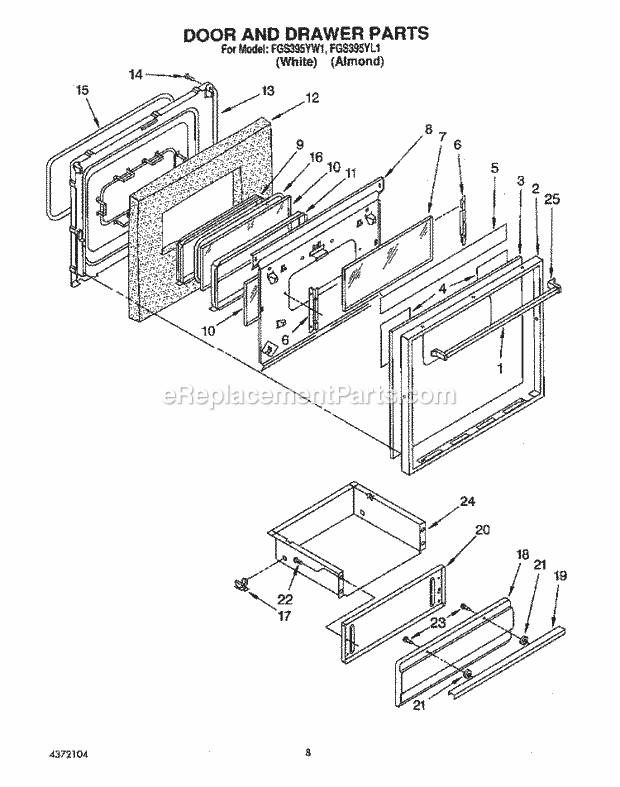 Whirlpool FGS395YL1 Range Oven Door and Drawer Diagram