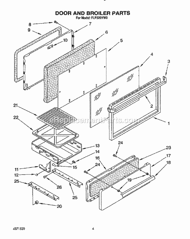 Whirlpool FLP320YG0 Range Door and Broiler Diagram