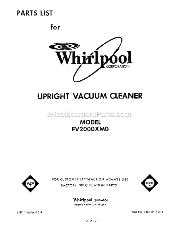 Whirlpool FV2000XM0 Upright Vacuum Page D Diagram