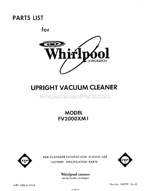 Whirlpool FV2000XM1 Upright Vacuum Page D Diagram