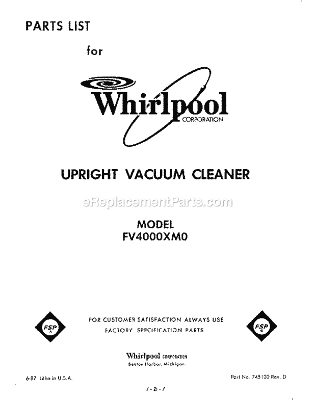 Whirlpool FV4000XM0 Upright Vacuum Page D Diagram