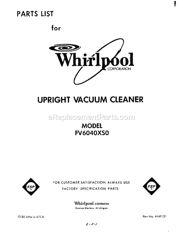 Whirlpool FV6040XS0 Upright Vacuum Page D Diagram