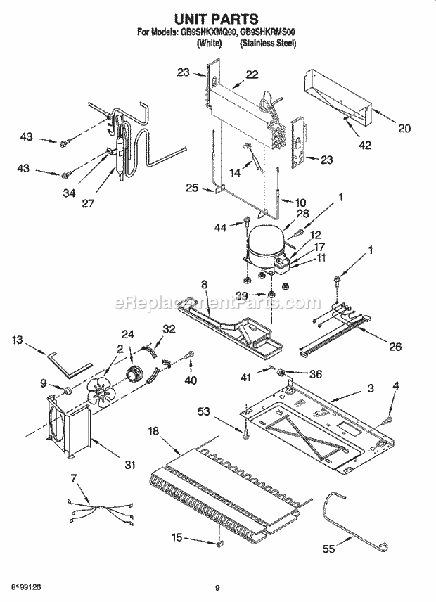 Whirlpool GB9SHKXMQ00 Bottom Freezer Bottom-Mount Refrigerator Unit Parts Diagram