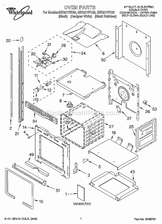 Whirlpool GBD277PDB6 Electric Built-in Oven Oven, Literature Diagram