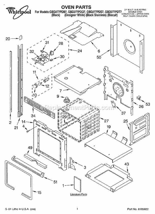 Whirlpool GBD277PDB7 Electric Built-in Oven Oven, Literature Diagram