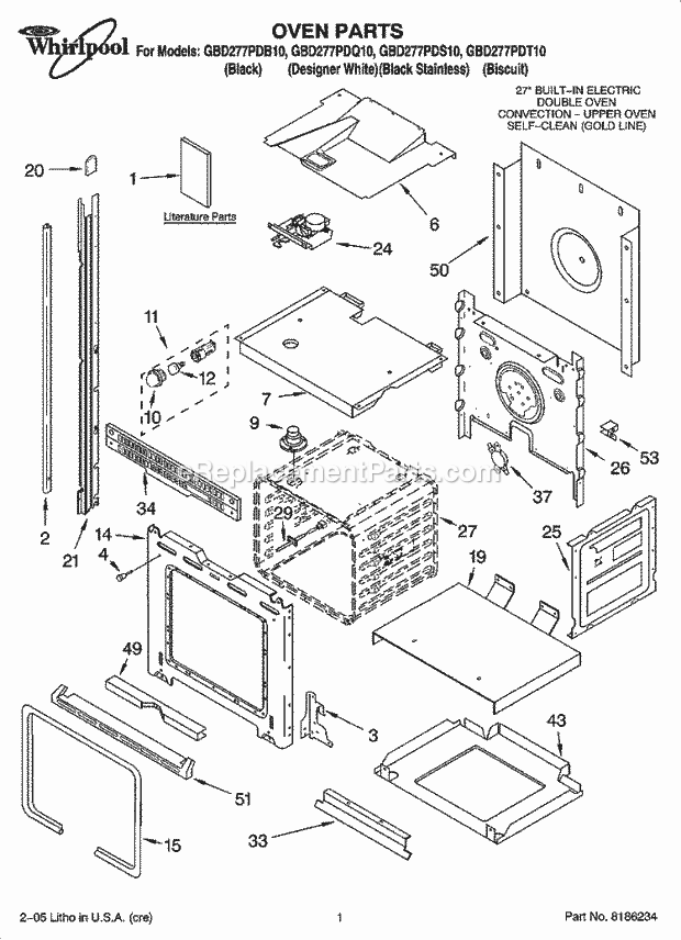 Whirlpool GBD277PDT10 Electric Built-in Double Oven Oven Parts Diagram