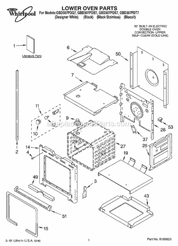 Whirlpool GBD307PDB7 Electric Built-in Oven Lower Oven, Literature Diagram