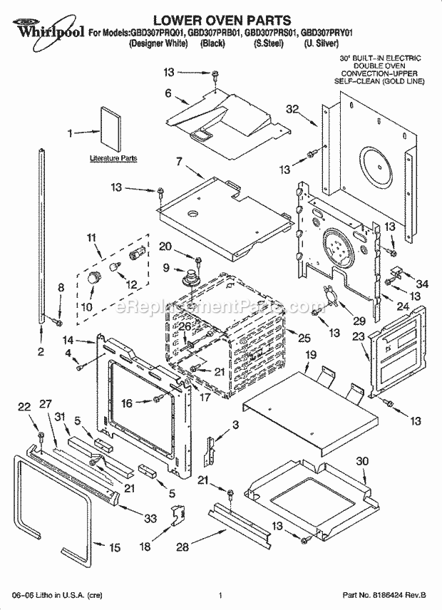 Whirlpool GBD307PRS01 Electric Built-in Oven Lower Oven Parts Diagram