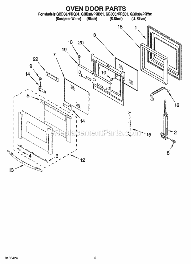 Whirlpool GBD307PRS01 Electric Built-in Oven Oven Door Parts Diagram