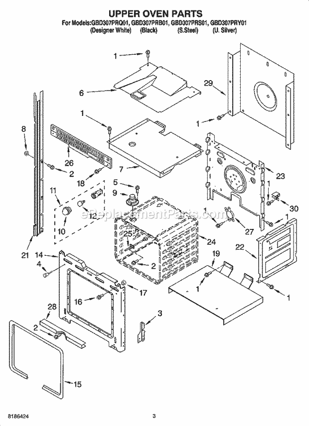 Whirlpool GBD307PRS01 Electric Built-in Oven Upper Oven Parts Diagram