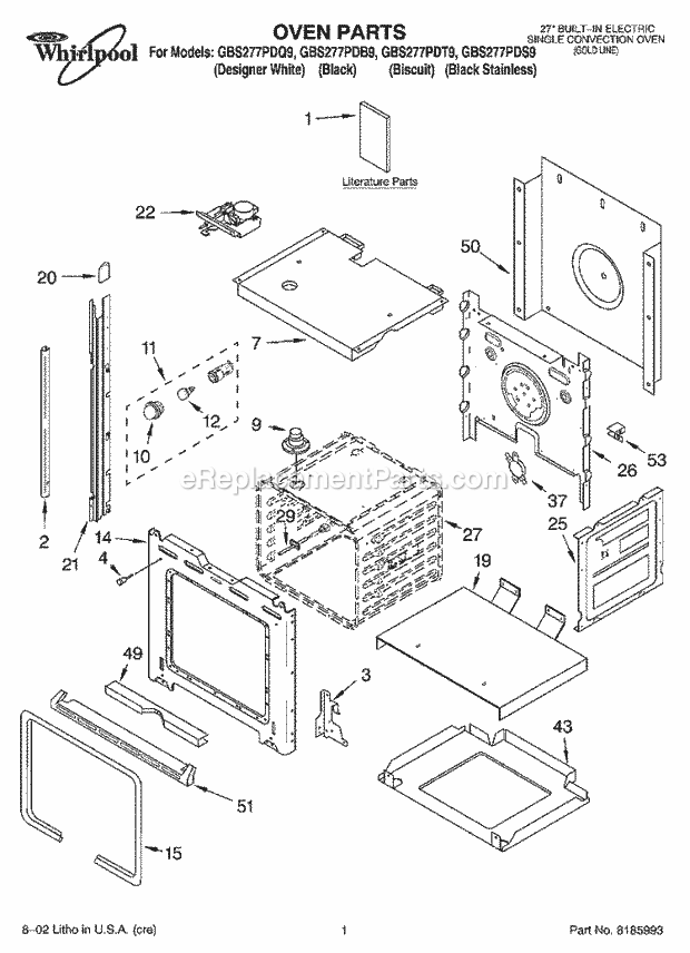 Whirlpool GBS277PDB9 Electric Oven Oven, Literature Diagram