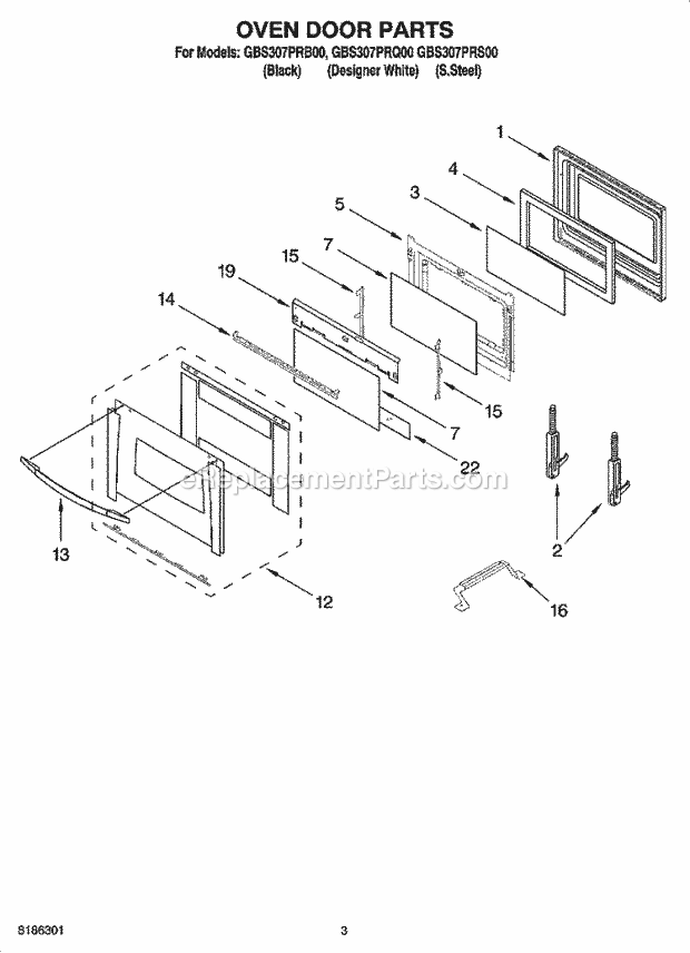 Whirlpool GBS307PRS00 Electric Built-in Oven Oven Door Parts Diagram