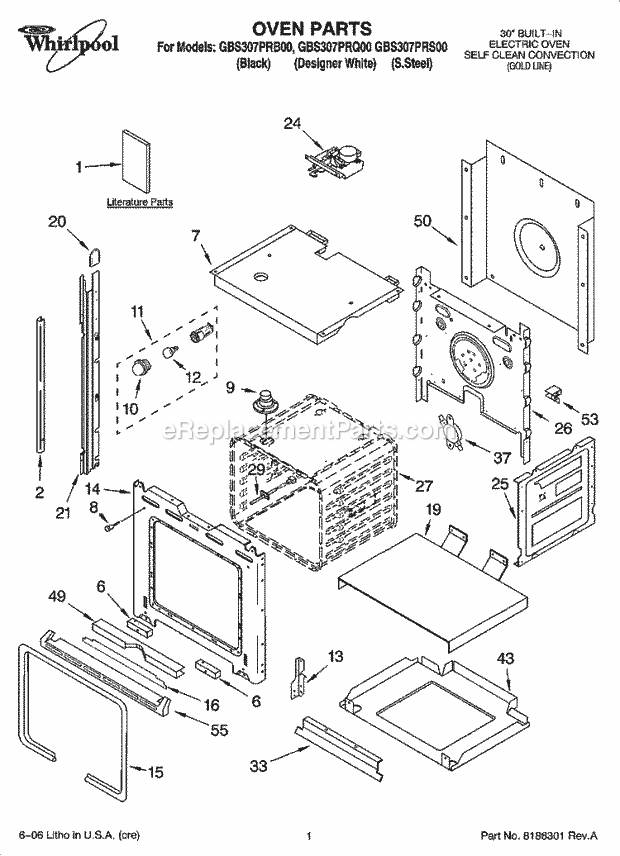 Whirlpool GBS307PRS00 Electric Built-in Oven Oven Parts Diagram