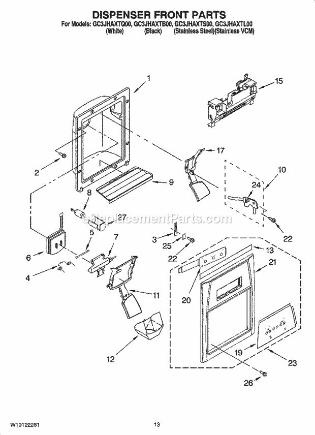 Whirlpool GC3JHAXTB00 Side-By-Side Refrigerator Dispenser Front Parts Diagram