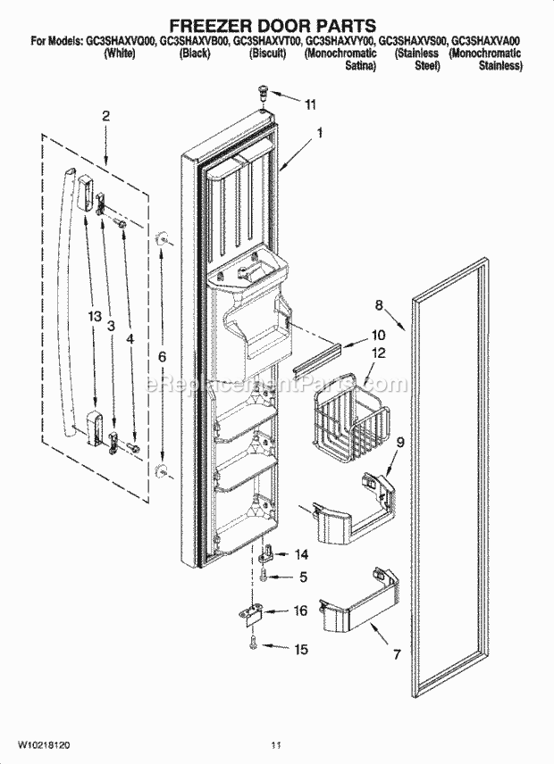 Whirlpool GC3SHAXVQ00 Side-By-Side Refrigerator Freezer Door Parts Diagram