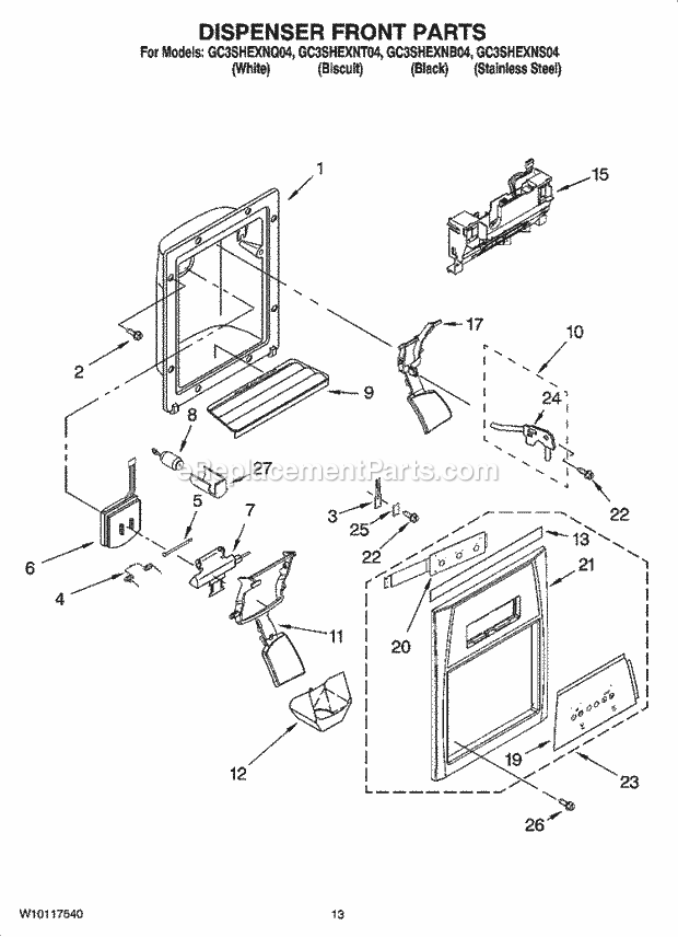 Whirlpool GC3SHEXNB04 Side-By-Side Refrigerator Dispenser Front Parts Diagram