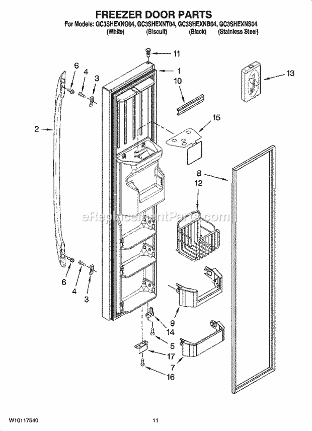 Whirlpool GC3SHEXNB04 Side-By-Side Refrigerator Freezer Door Parts Diagram