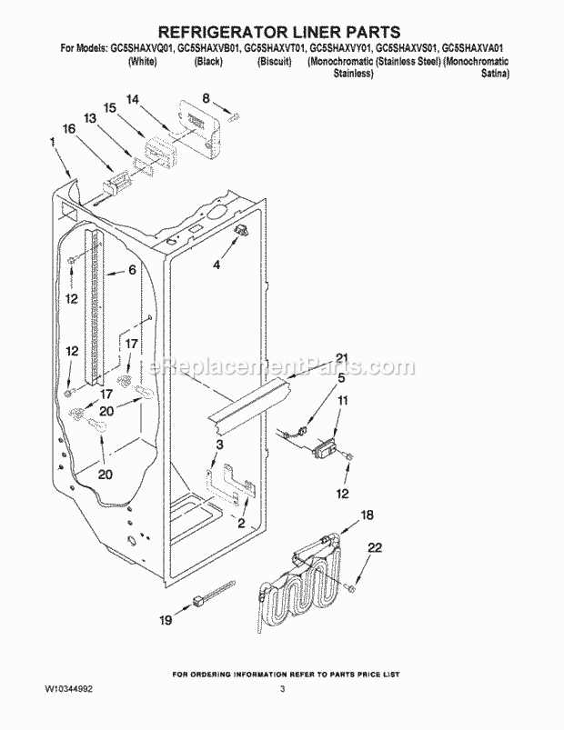Whirlpool GC5SHAXVS01 Side-By-Side Refrigerator Refrigerator Liner Parts Diagram