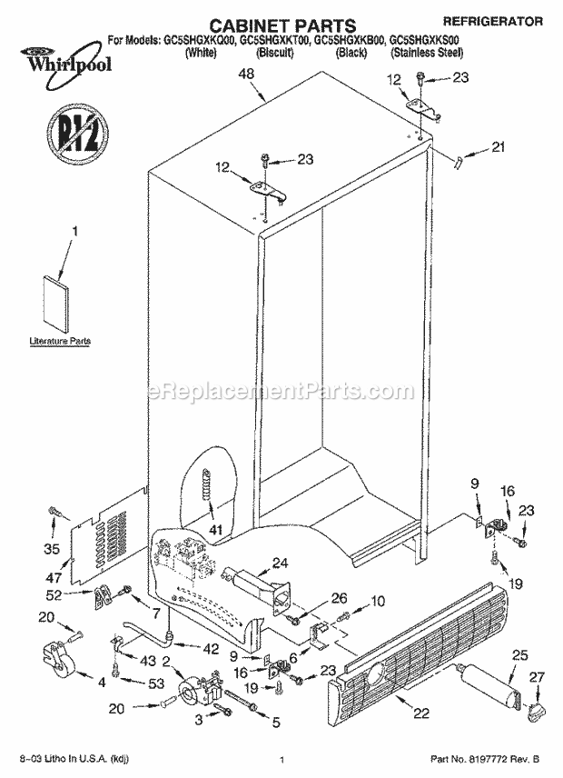 Whirlpool GC5SHGXKB00 Side-By-Side Refrigerator Cabinet Parts Diagram