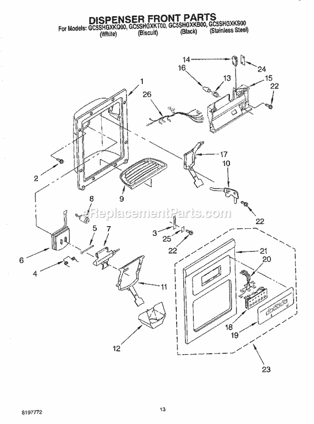 Whirlpool GC5SHGXKB00 Side-By-Side Refrigerator Dispenser Front Parts Diagram