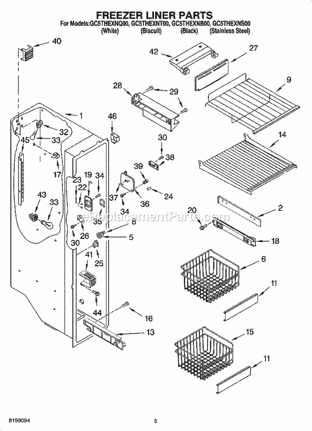 Whirlpool GC5THEXNT00 Side-By-Side Refrigerator Freezer Liner Parts Diagram