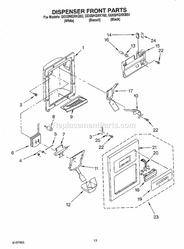 Whirlpool GD5SHGXKT02 Side-By-Side Refrigerator Dispenser Front Diagram