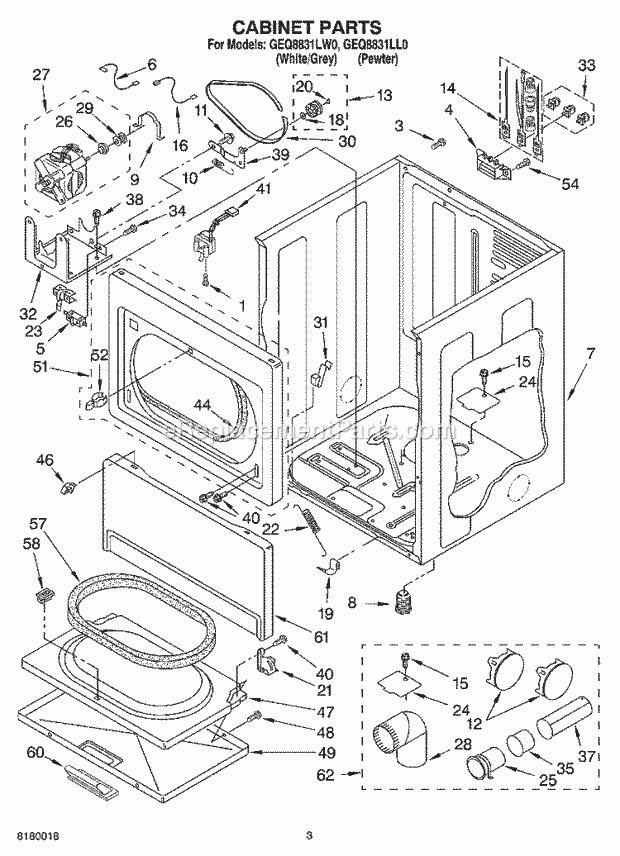 Whirlpool GEQ8831LL0 Residential Dryer Cabinet Parts Diagram
