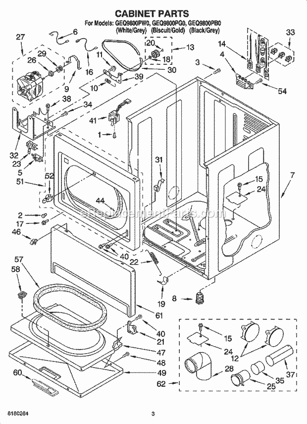Whirlpool GEQ9800PG0 Residential Dryer Cabinet Parts Diagram