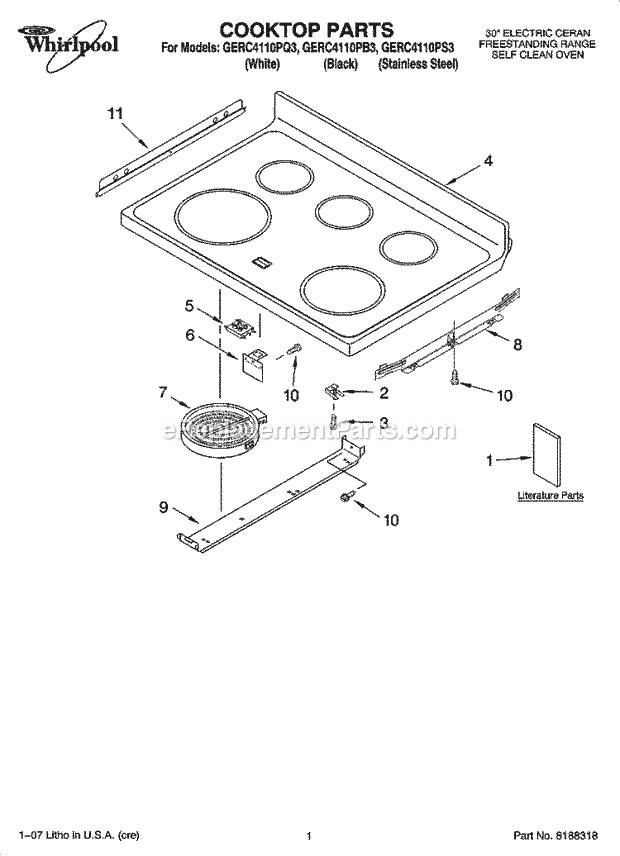 Whirlpool GERC4110PB3 Freestanding Electric Cooktop Parts Diagram