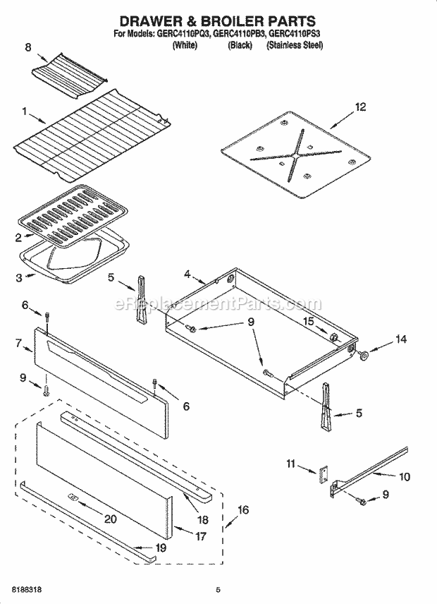 Whirlpool GERC4110PB3 Freestanding Electric Drawer & Broiler Parts Diagram