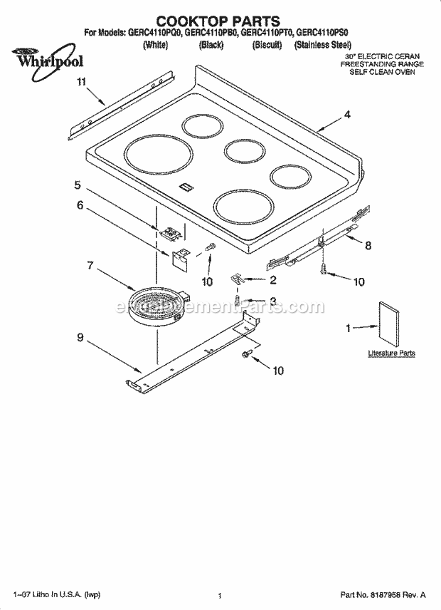 Whirlpool GERC4110PS0 Freestanding Electric Cooktop Parts Diagram