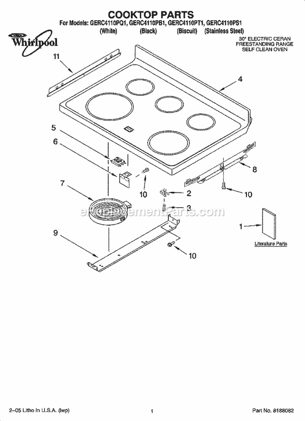 Whirlpool GERC4110PS1 Freestanding Electric Range Cooktop Parts Diagram