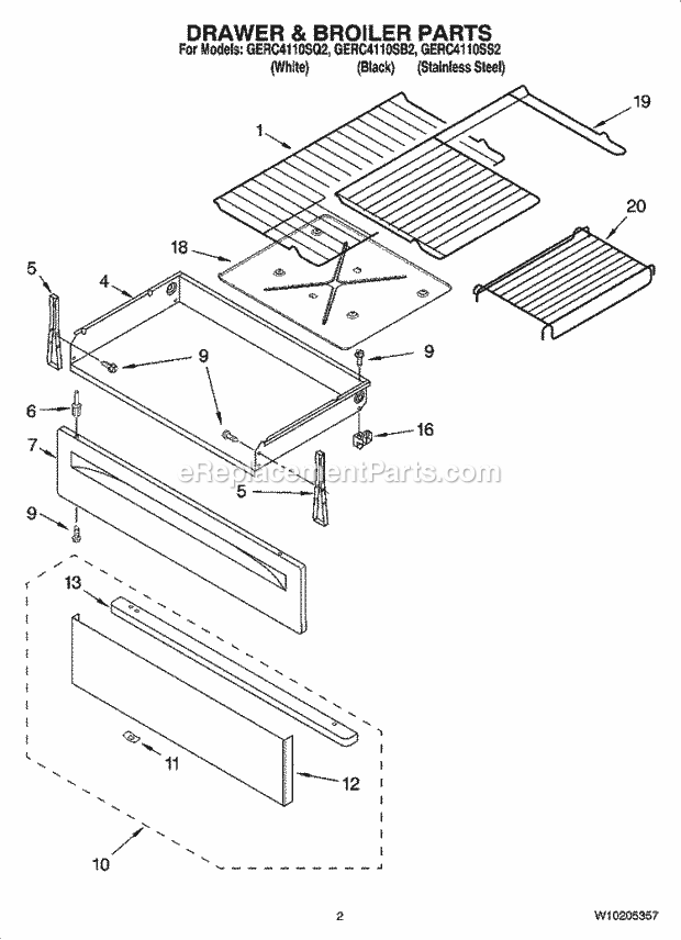 Whirlpool GERC4110SQ2 Freestanding Electric Drawer & Broiler Parts Diagram