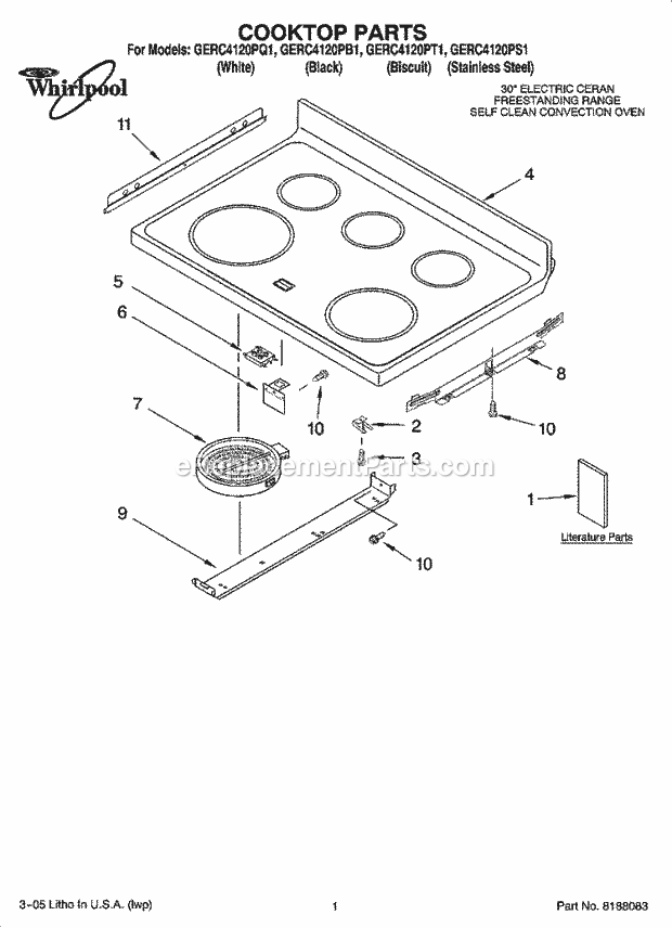 Whirlpool GERC4120PB1 Freestanding Electric Range Cooktop Parts Diagram