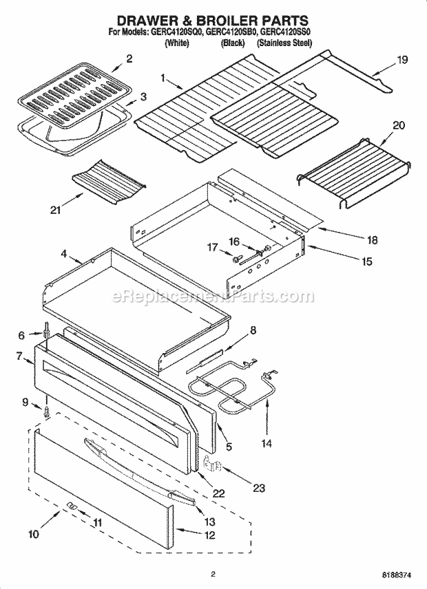 Whirlpool GERC4120SB0 Freestanding Electric Range Drawer & Broiler Parts Diagram