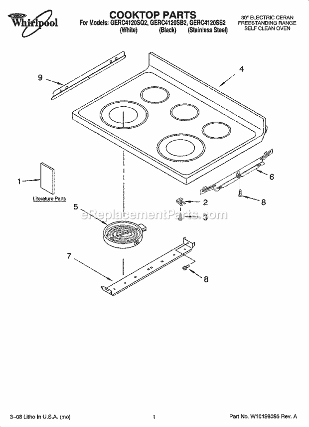 Whirlpool GERC4120SB2 Freestanding Electric Cooktop Parts Diagram