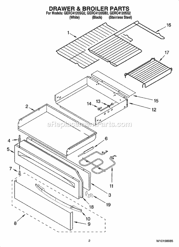 Whirlpool GERC4120SB2 Freestanding Electric Drawer & Broiler Parts Diagram