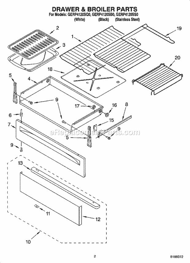 Whirlpool GERP4120SB0 Freestanding Electric Drawer & Broiler Parts Diagram