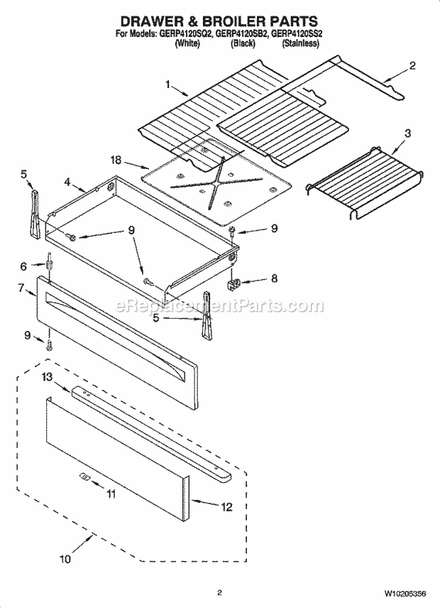 Whirlpool GERP4120SB2 Freestanding Electric Drawer & Broiler Parts Diagram