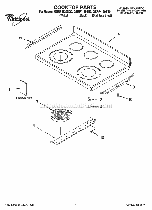 Whirlpool GERP4120SQ0 Freestanding Electric Cooktop Parts Diagram