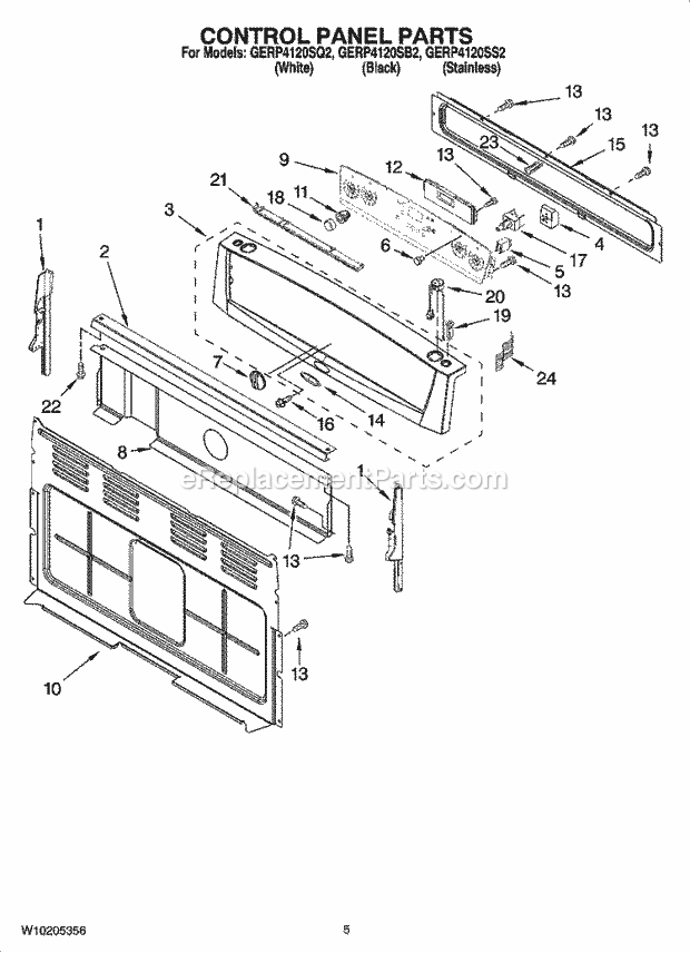 Whirlpool GERP4120SQ2 Freestanding Electric Control Panel Parts Diagram