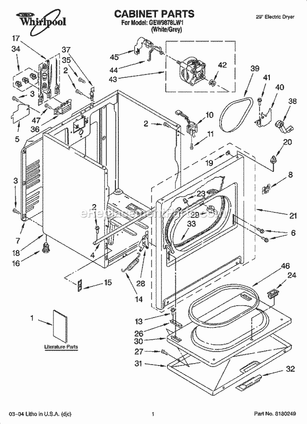 Whirlpool GEW9878LW1 Residential Dryer Cabinet Parts Diagram