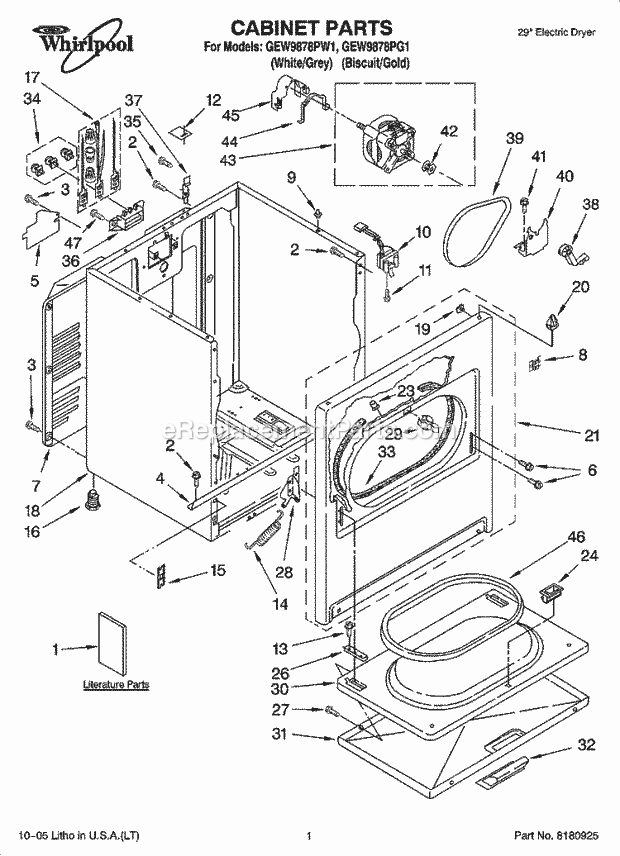 Whirlpool GEW9878PW1 Residential Dryer Cabinet Parts Diagram