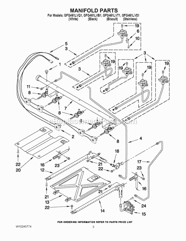 Whirlpool GFG461LVQ1 Freestanding Gas Range Manifold Parts Diagram